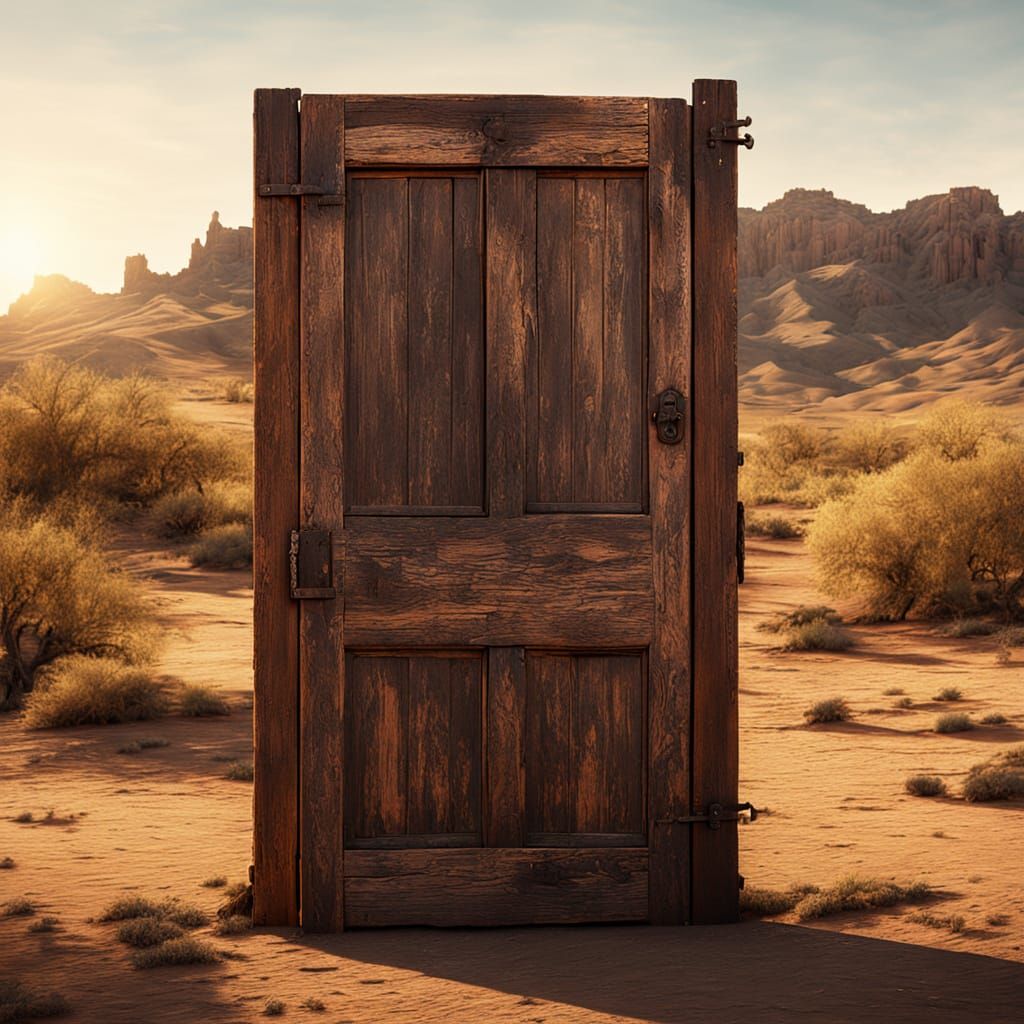 Rustic Oak Door in Desert, Cinematic Still