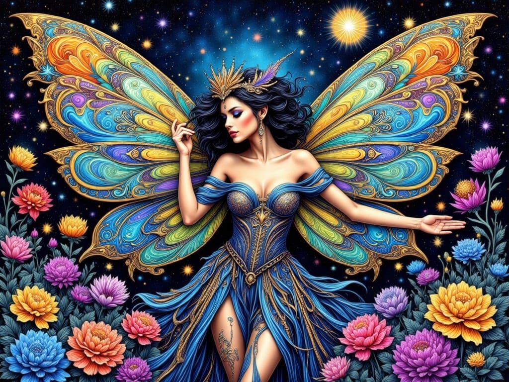 Enchanting Fairy Sorceress Blooms Flowers in Psychedelic Kin...