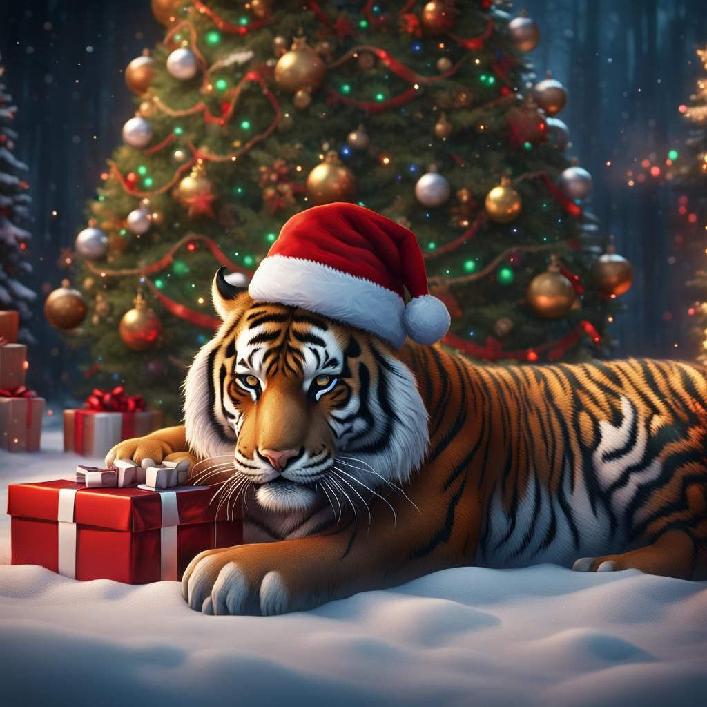 Festive Tiger with Christmas Hat, Digital Art