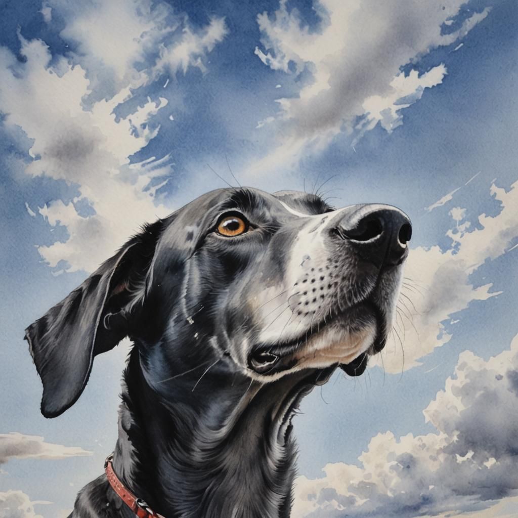 Cute Lurcher Dog Gazing Skyward in Watercolour