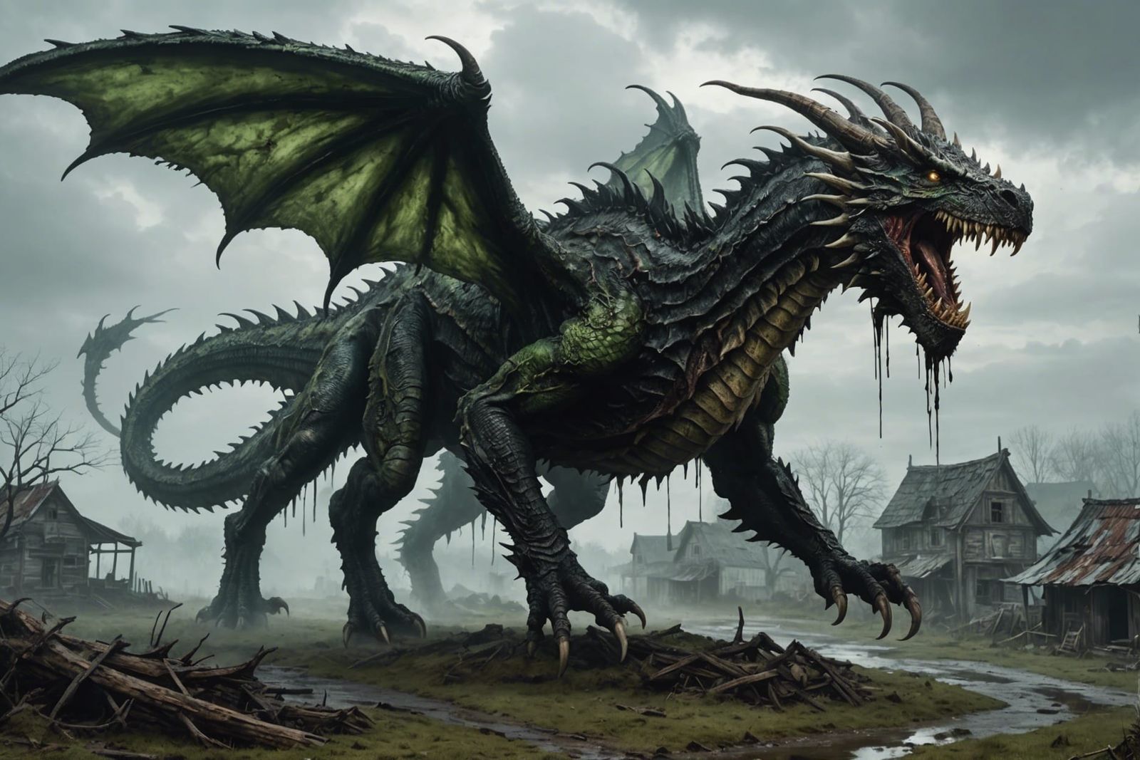 Zombified Dragon Soars Through Foggy Sky