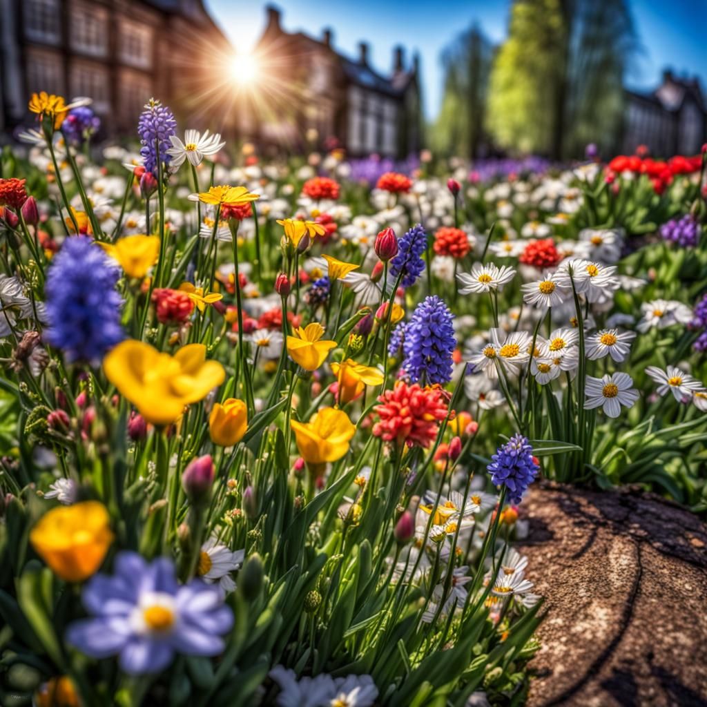 Hyperrealistic Spring Flowers in Midday Sun