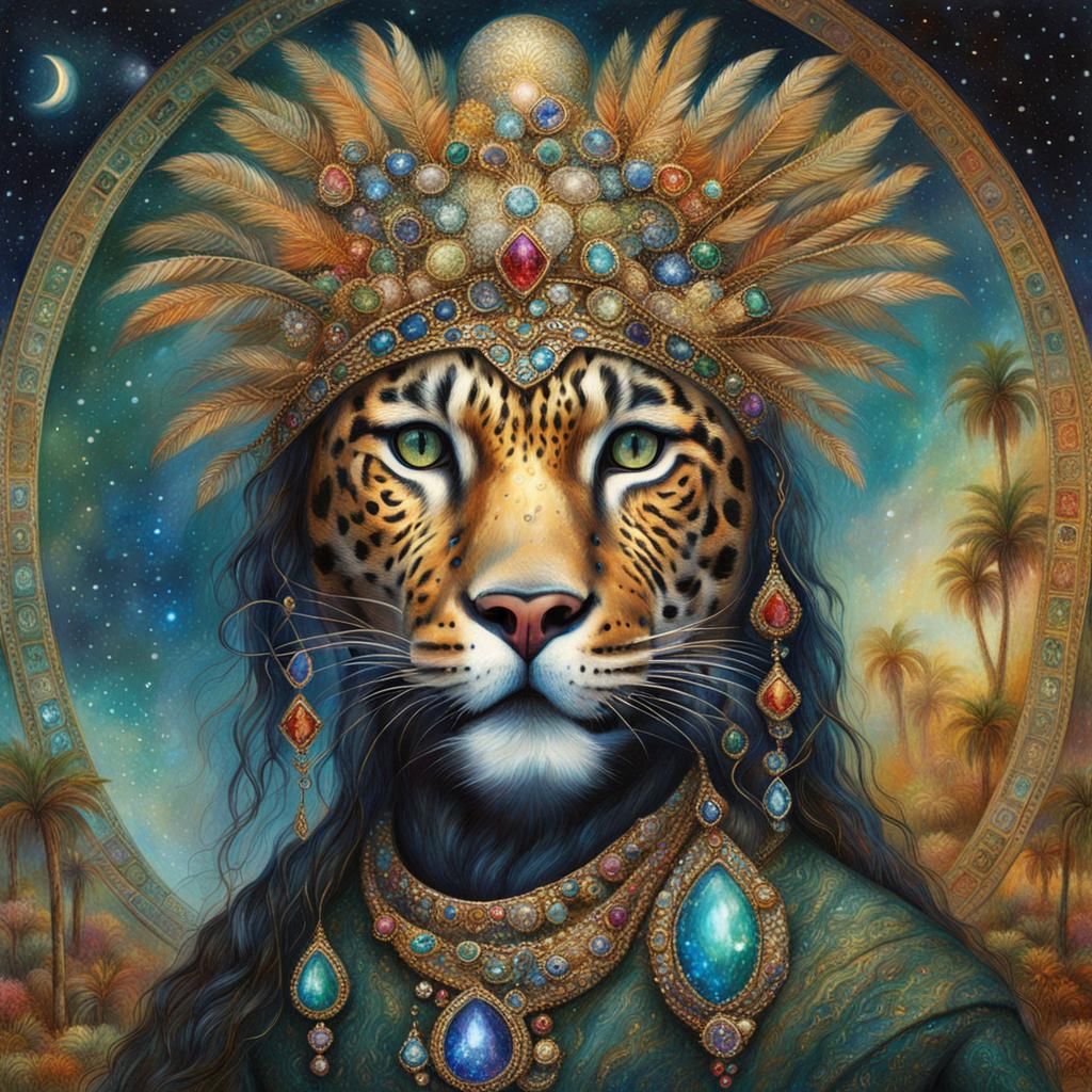 Bejeweled Galactic Oasis: Jaguar Woman Portrait