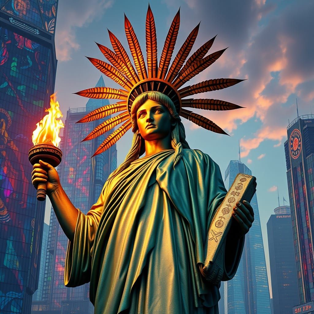 Regal Statue of Liberty in Indian Headdress Amidst Vibrant C...