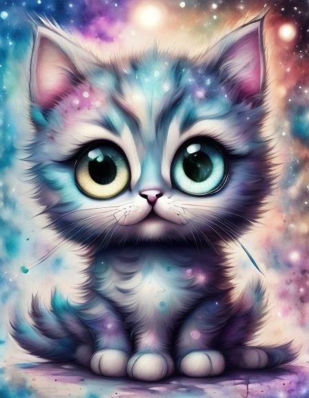 Magical Starry Chibi Kittens Nuzzling in Watercolor Style