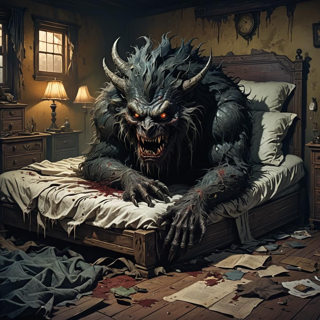 Creepy Monster Hiding Under Bed in Detailed Matte Painting