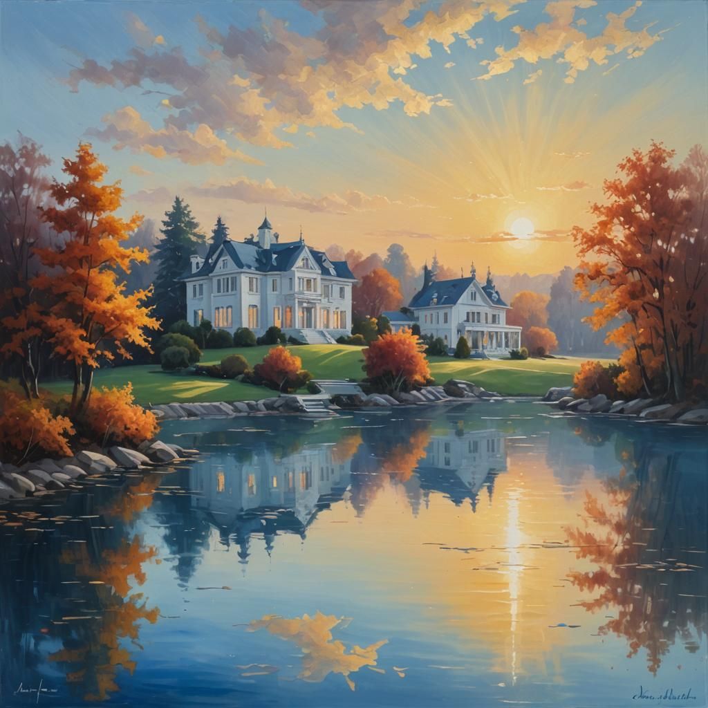 Autumn Sunrise Over Lake Mansion: Oil Painting