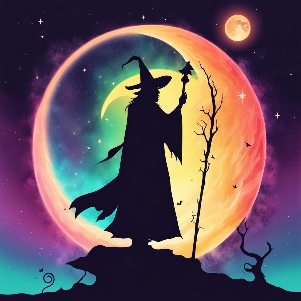 Magical Sorcerer Silhouette Against Colorful Moon