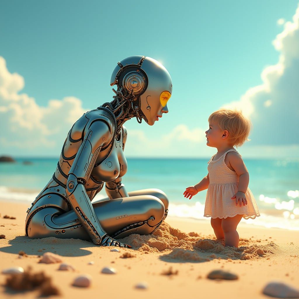 Femme-Bot Emerges from Sandy Hole in Playful Beachside Scene