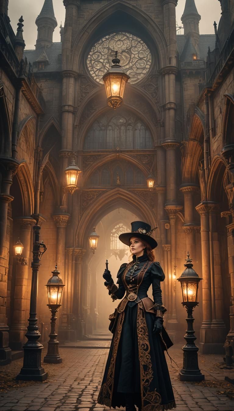 Steampunk Woman with Lantern in Gothic Castle Courtyard