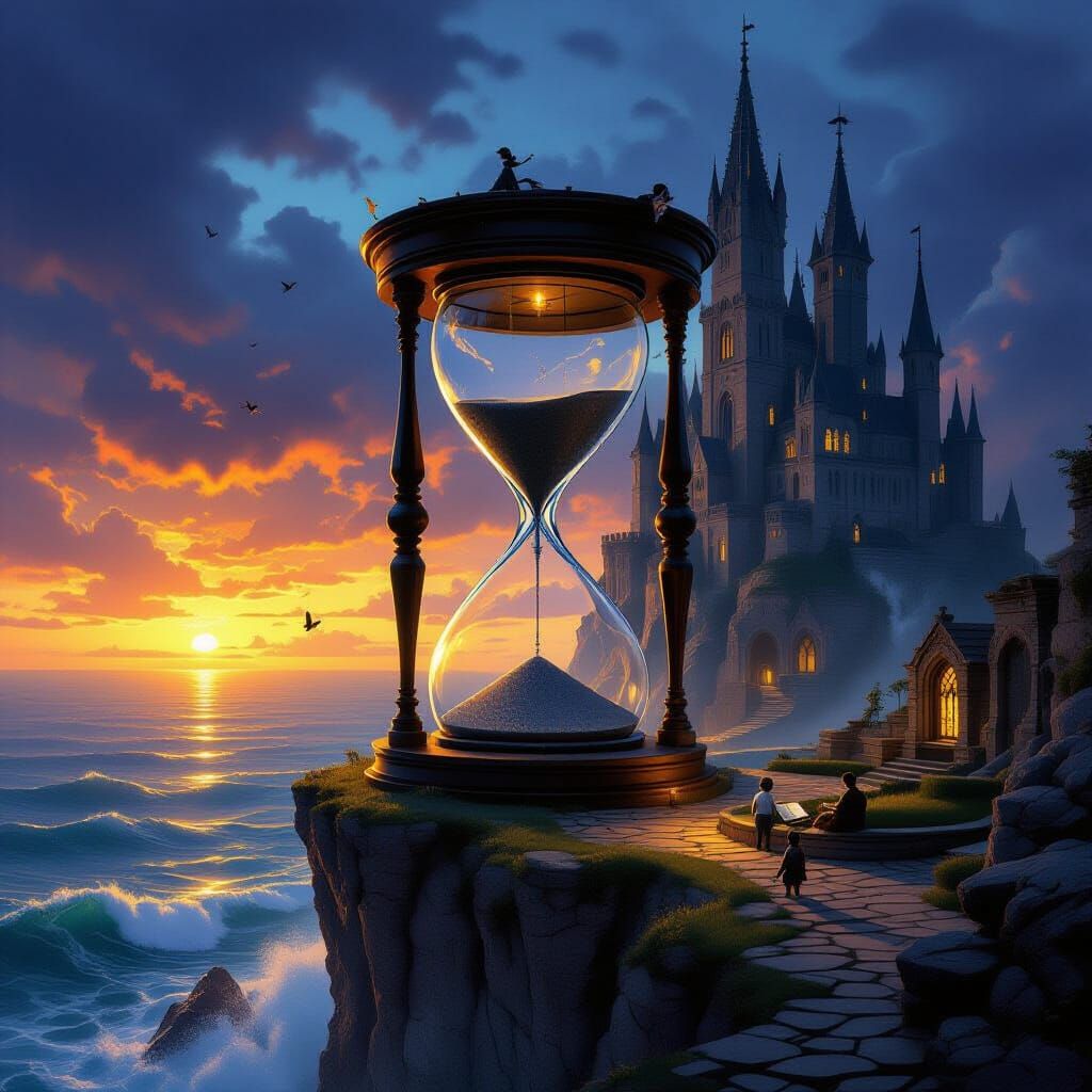 Hourglass Castle on Cliff Above Stormy Sea at Sunset