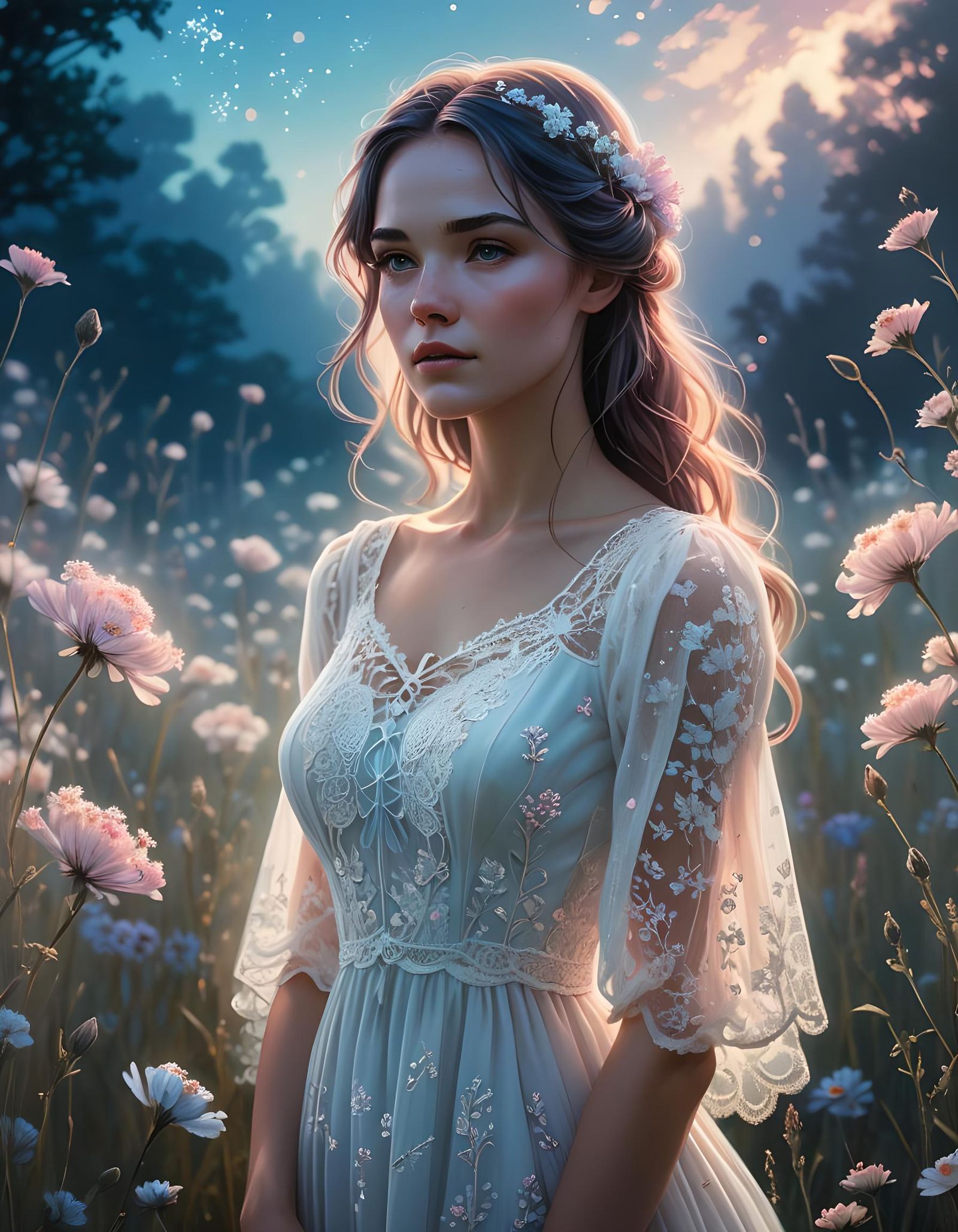 Girl in Floral Wonderland: A Romantic Comic Art