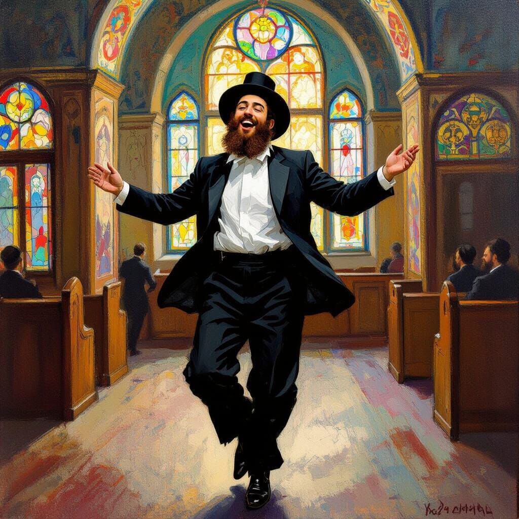 Joyful Hasidic Man Dancing in Synagogue, in Expressionist St...