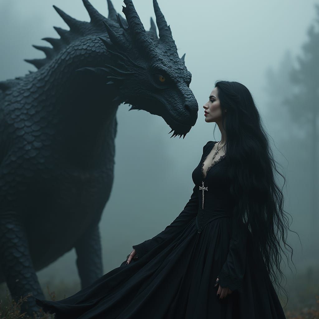 Enchanted Vampire and Dragon in Mystical Carpathian Landscap...
