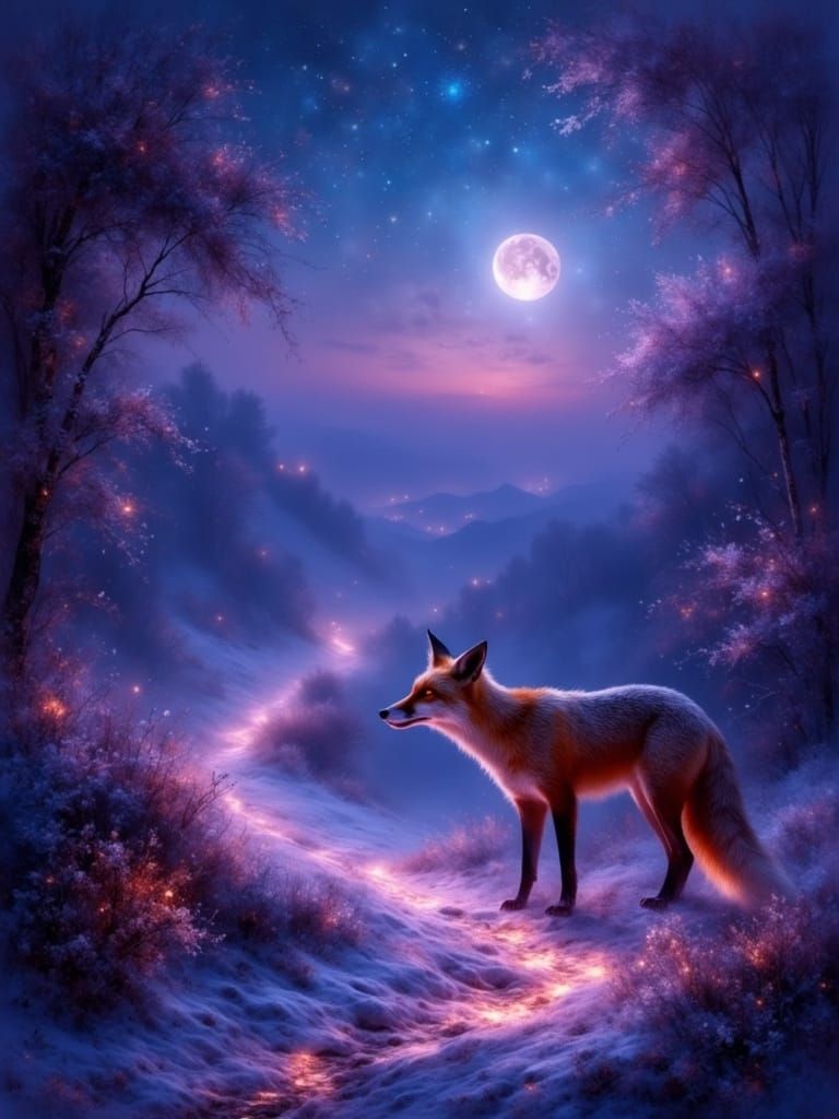 Gemstone Fox Leaves Glowing Trail in Twilight Desert