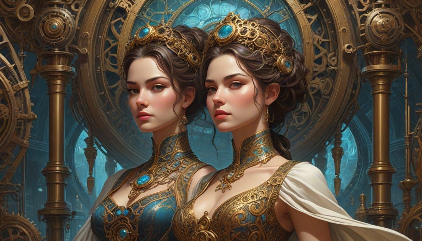 High Priestess of Time Machine in Ancient Clockwork Scene