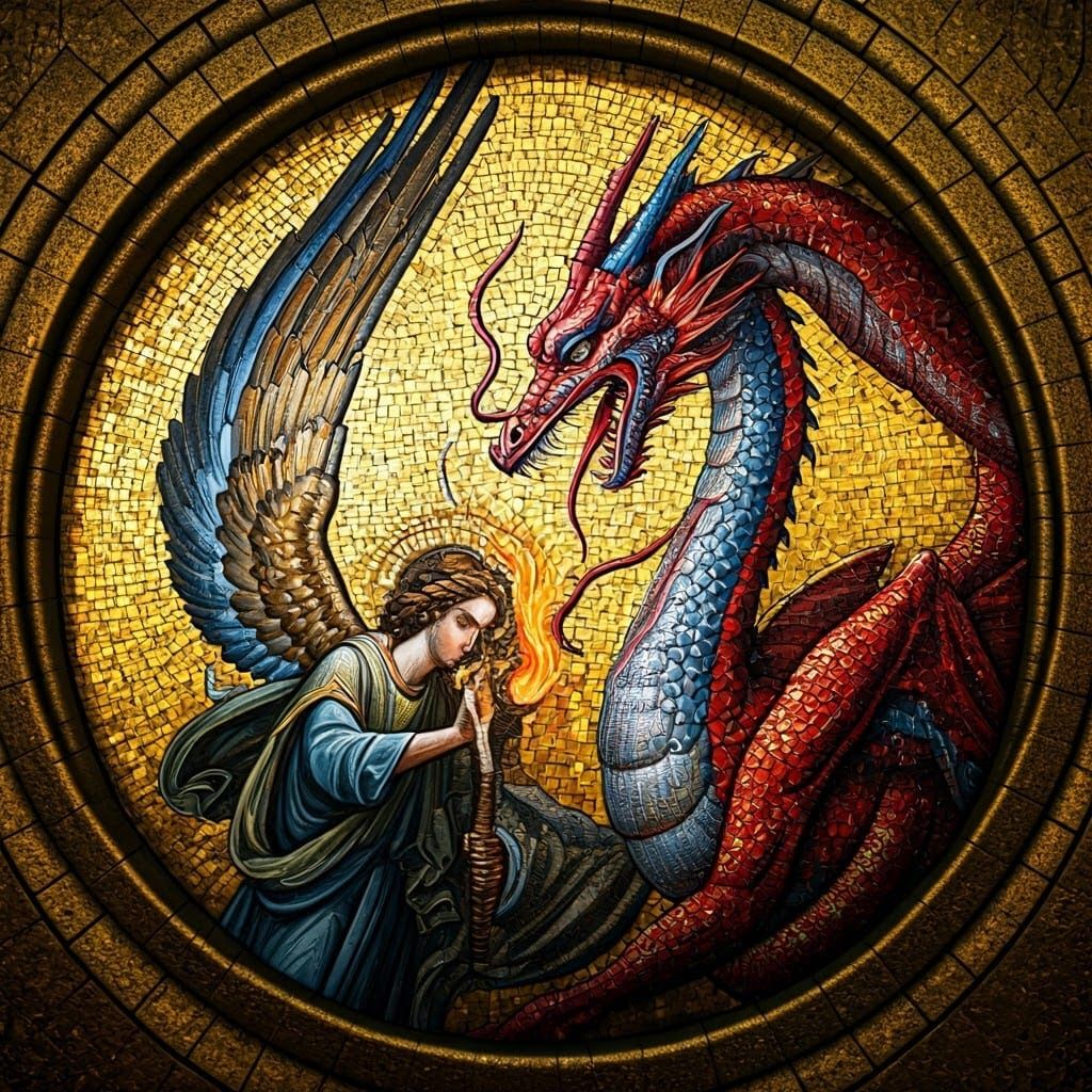 Byzantine Angel Battles Dragon in Vivid Mosaic
