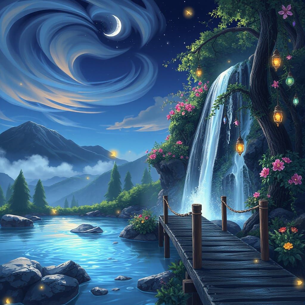 Ethereal Secret Garden with Waterfall in Anime Style