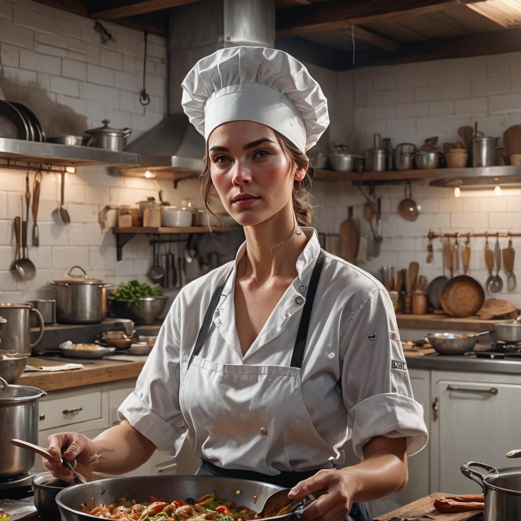 Female Chef in Old Kitchen, Hyper-Realistic Portrait