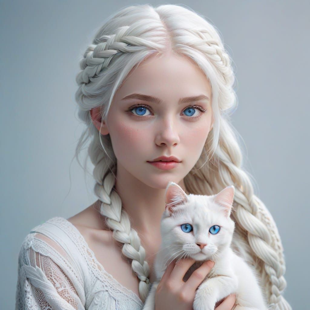 Ethereal Woman with White Cat in Dreamy Portrait