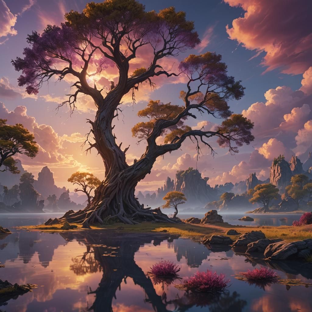 Ancient Tree at Lake Edge in Unreal Engine Style