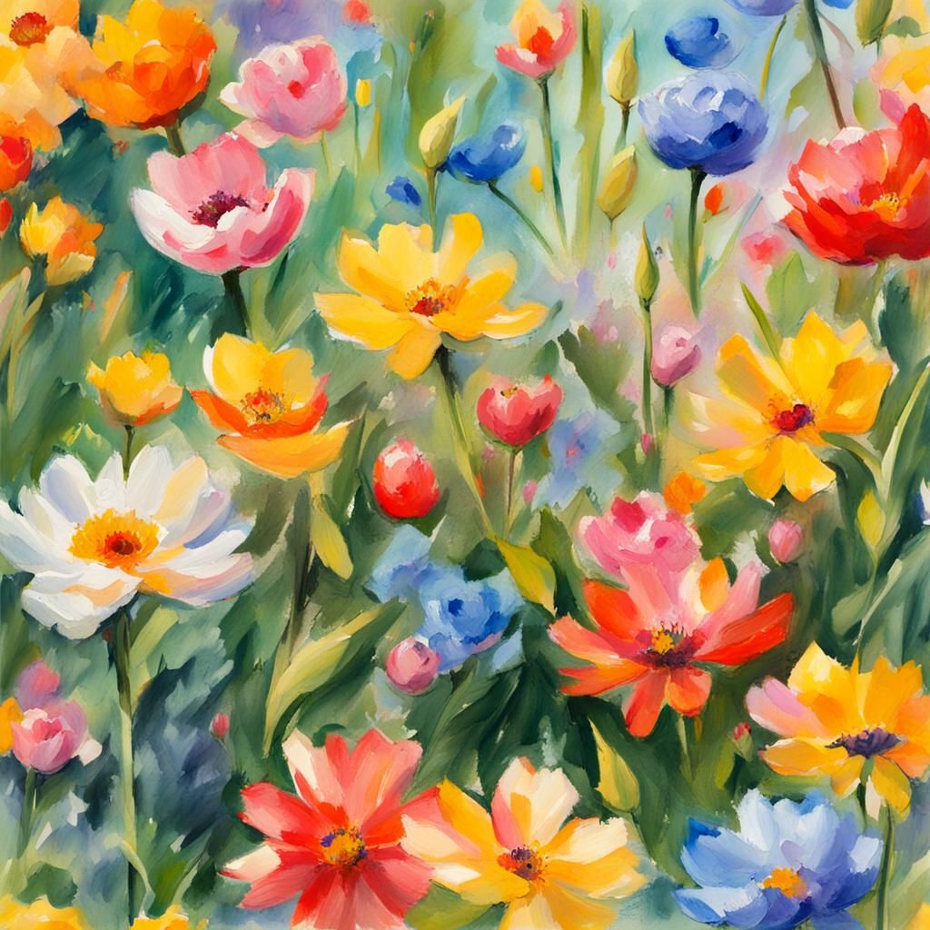 Spring Flowers in Gouache Style Impressionist Painting