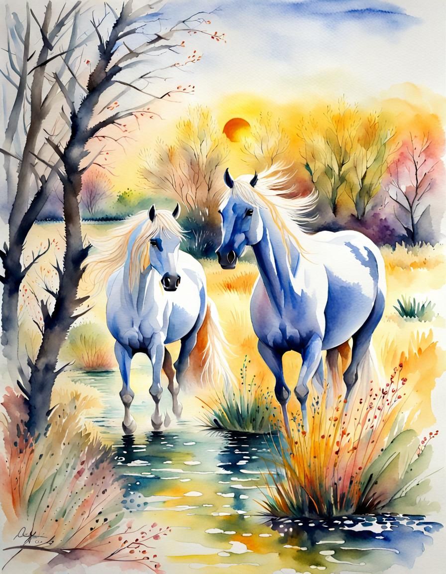 Les Camargue, wilde weiße Pferde, Schönstes Aquarell Bild einer traumhaften Landschaft im Frühling, überall Blüten in ve...
