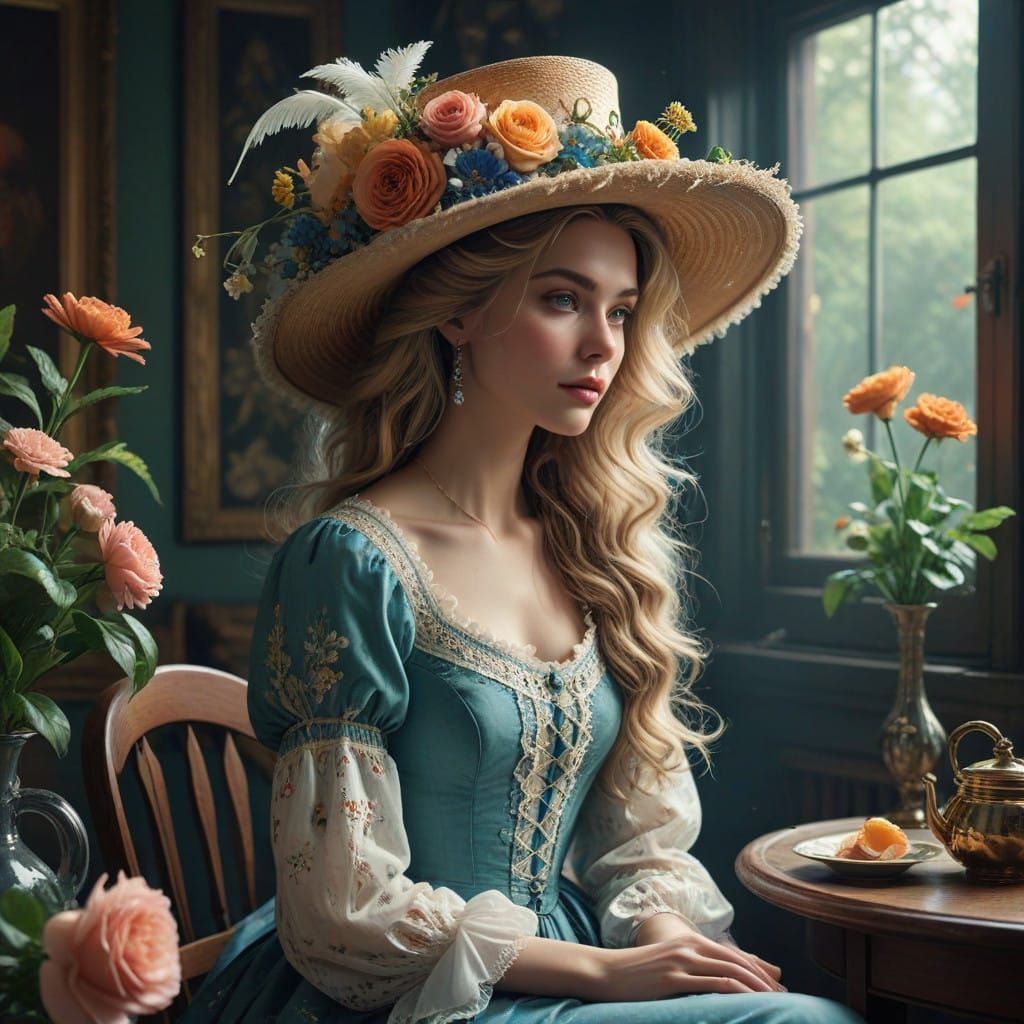 Elegant Victorian Woman in Whimsical Floral Headdress