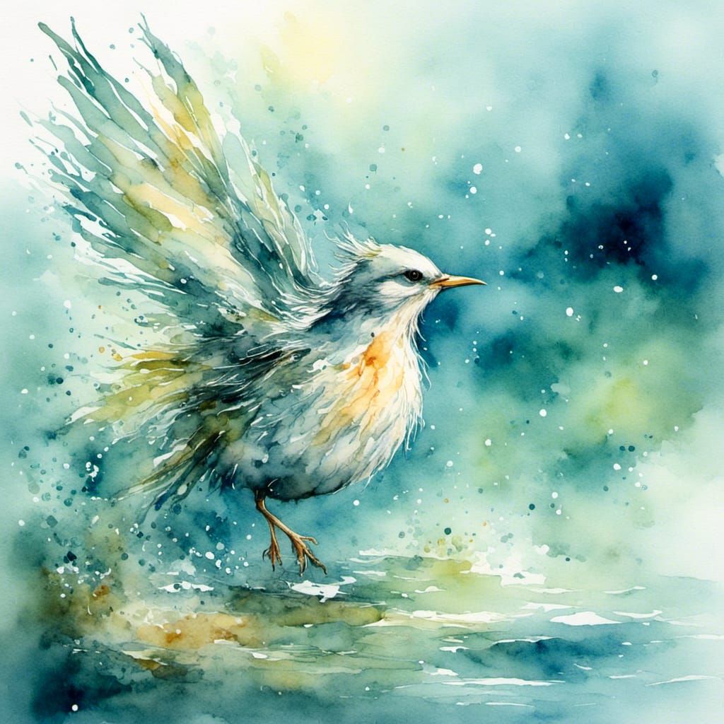 Mystical Bird at Sea Edge in Watercolor Style