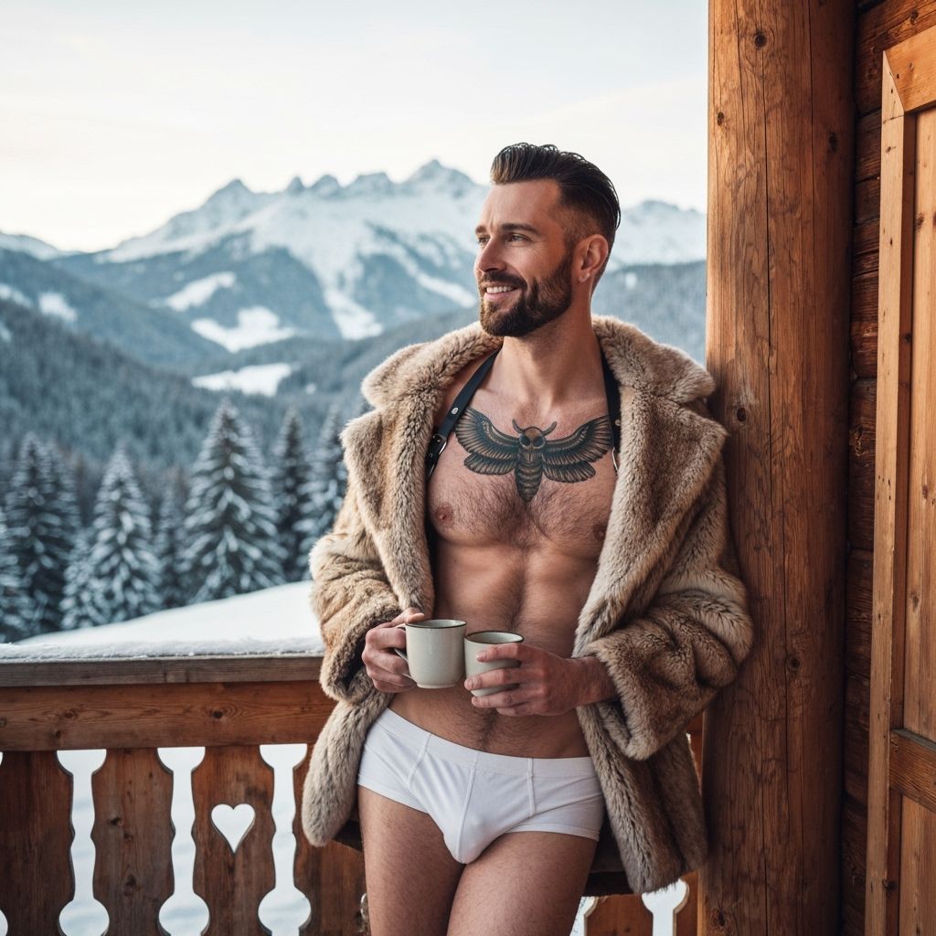 Man on Snowy Terrace with Mugs in Winter Landscape