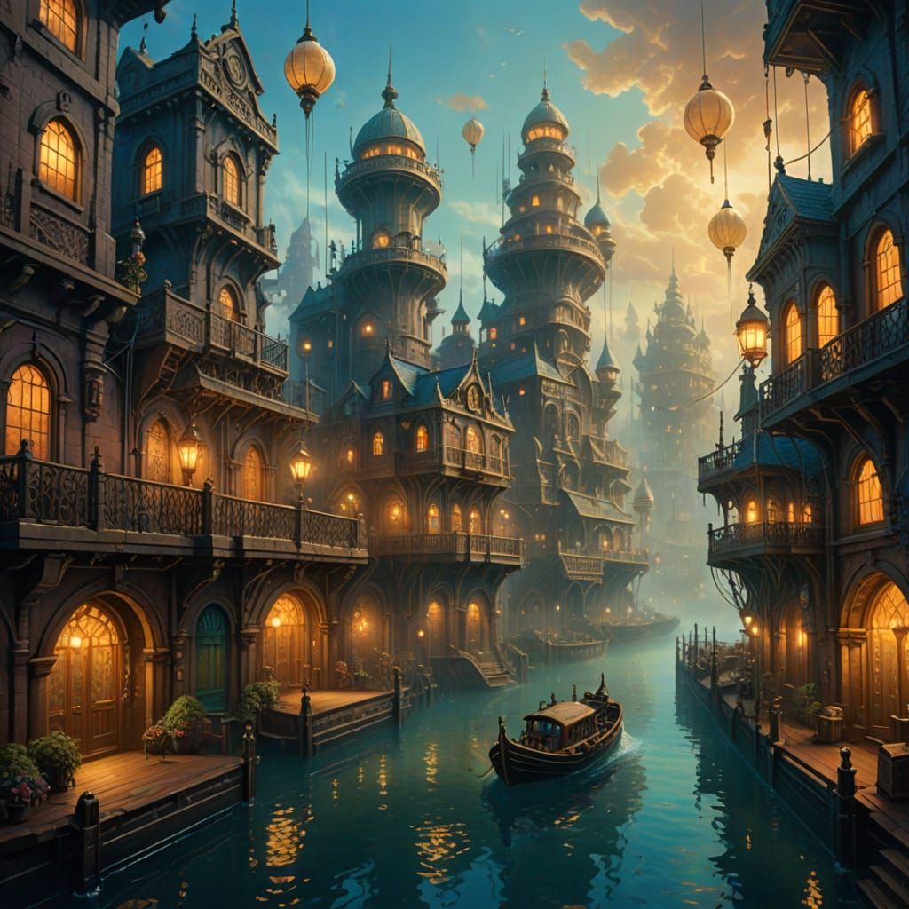 Underwater City in Steampunk Thomas Kinkade Style