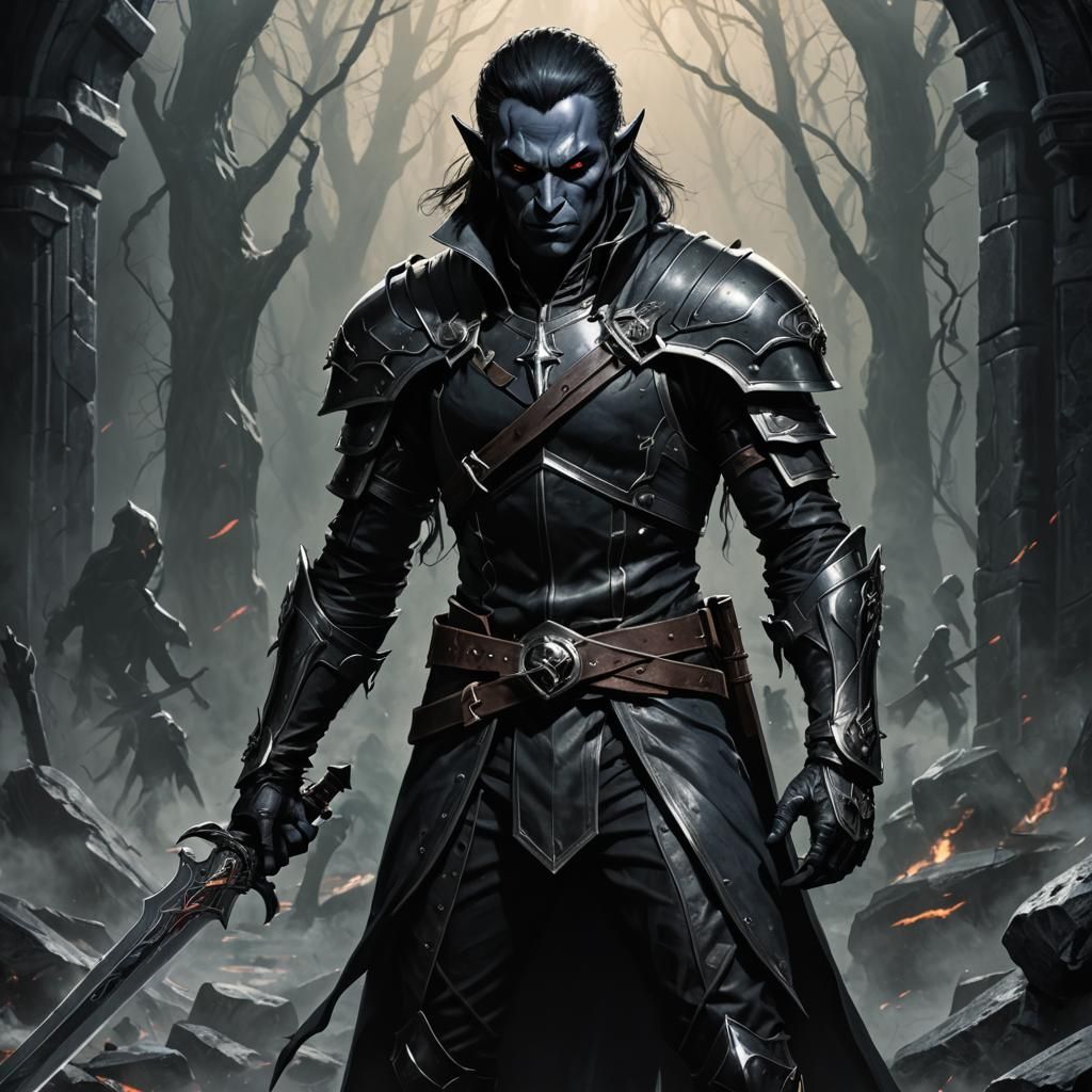 Enigmatic Dark Elf Assassin 'Black Widow' with Adamantine Sw...