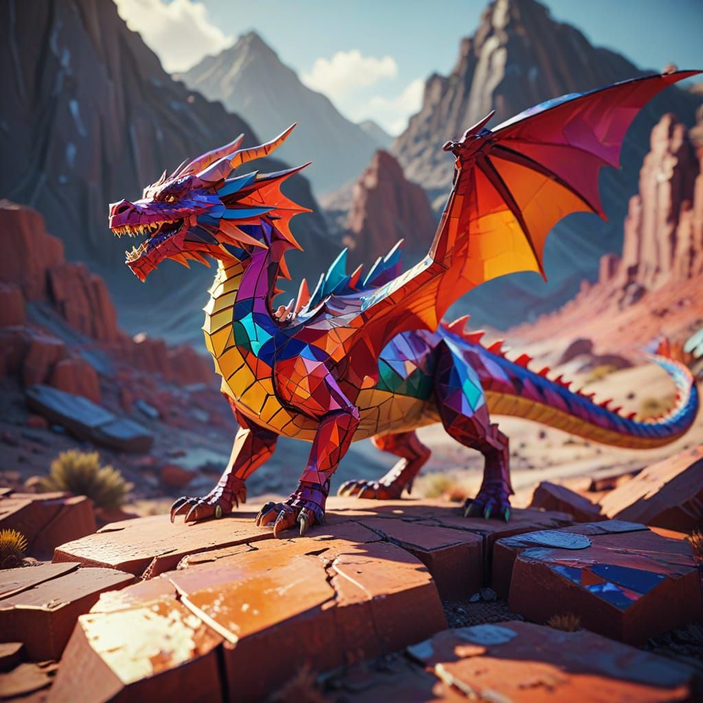 Geometric Fauvism Dragon Soaring Over Desolate Landscape