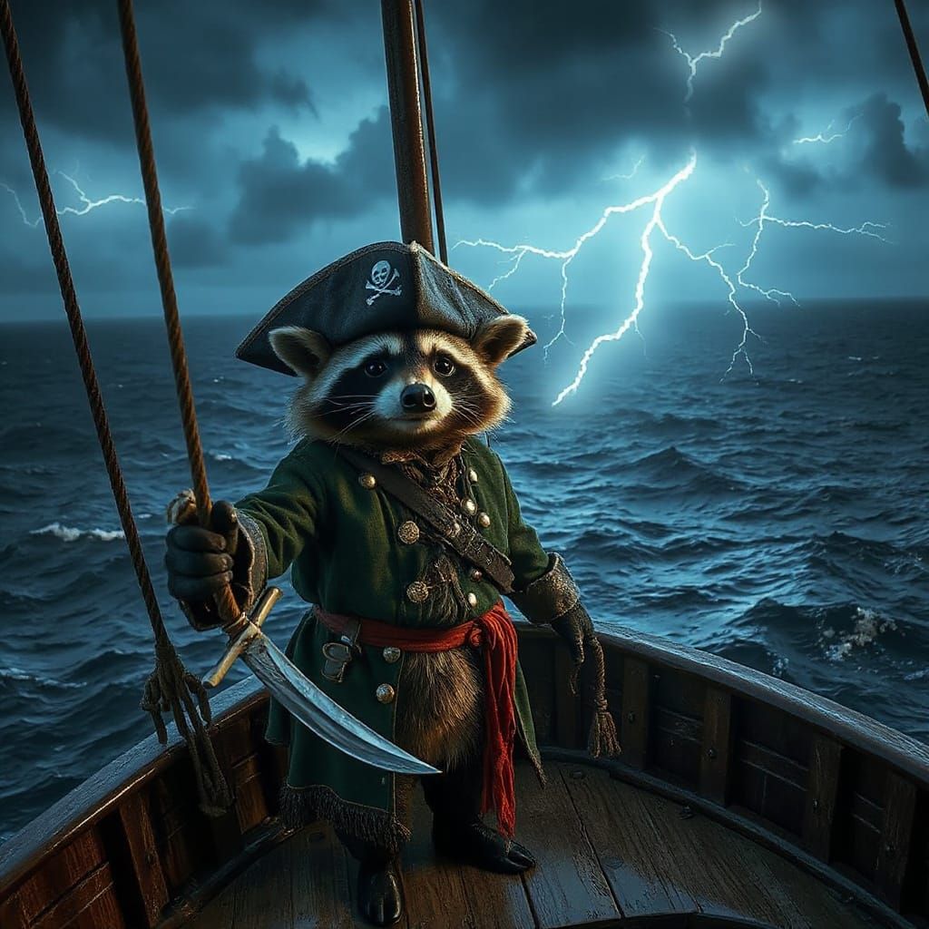 Raccoon Pirate Captain in Stormy Seas, Cinematic Still