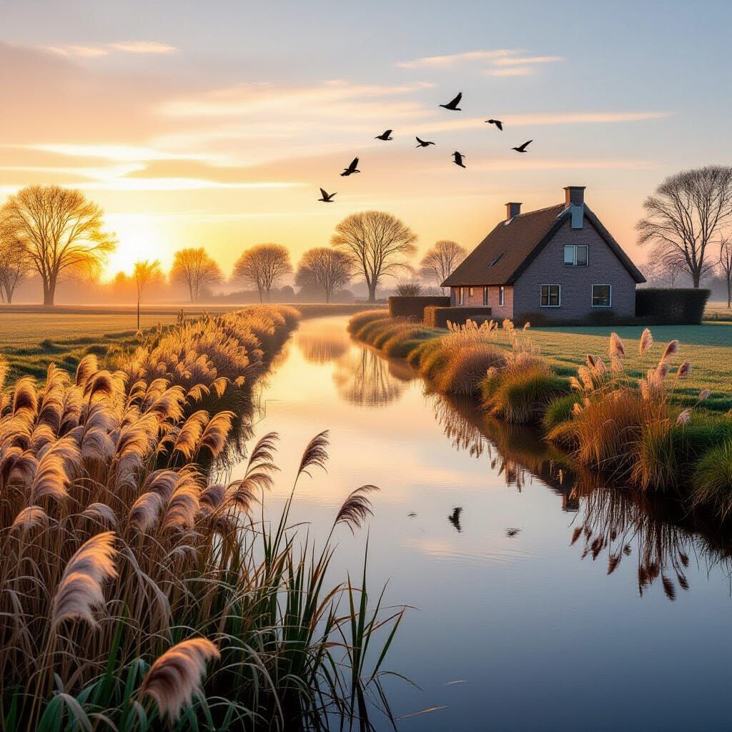 Serene Dutch Meadow at Dawn with Reeds and Canal