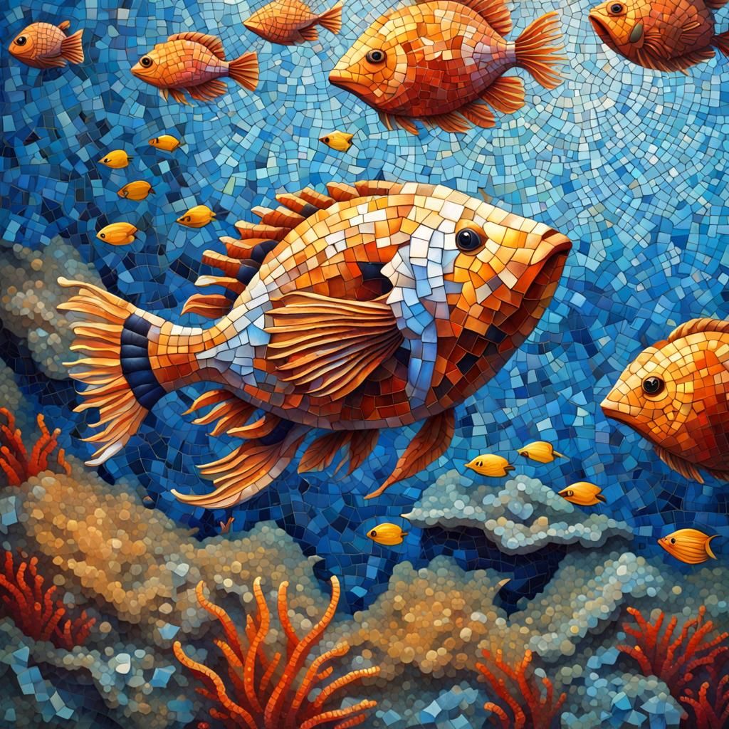 Vibrant Marine Life Mosaic in Hyperrealistic Splash Art