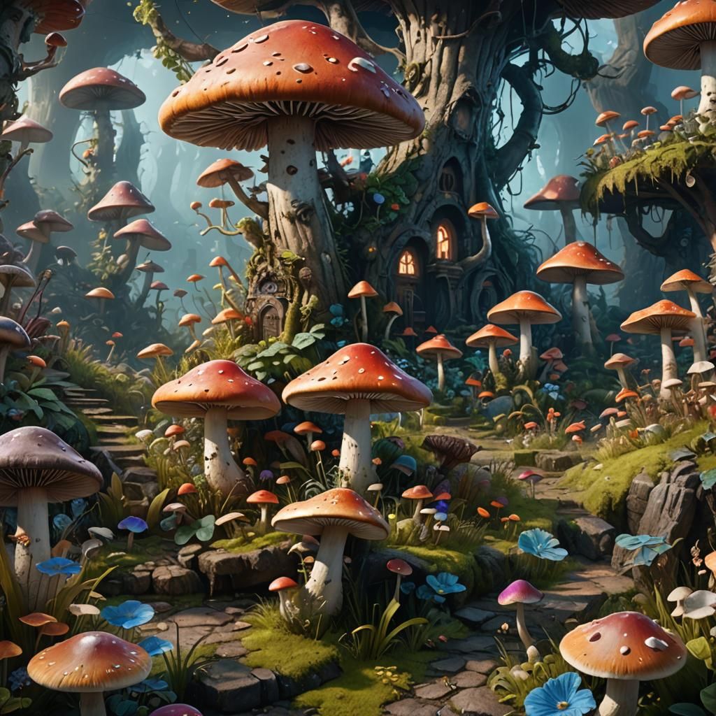 Fantastical Mushroom Garden in Detailed Matte Painting