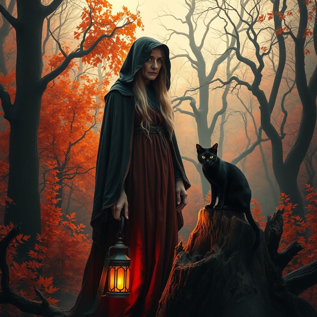 Eerie Witch in Autumn Forest, Mystical Realism