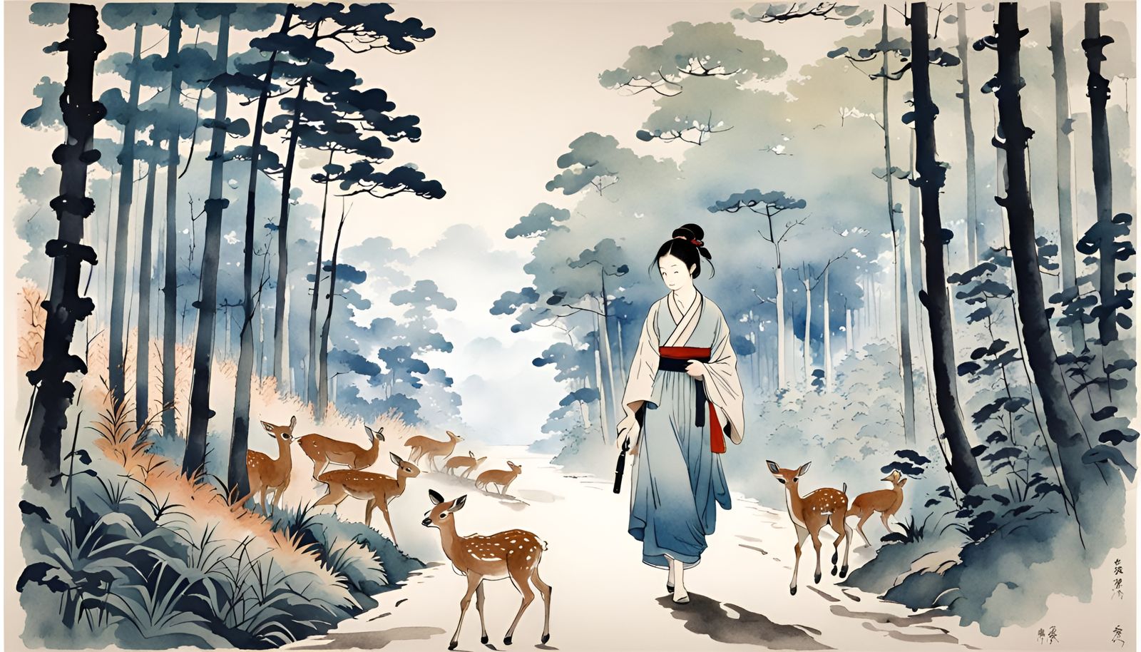 Girl and Fawn in Forest, Impressionistic Watercolor