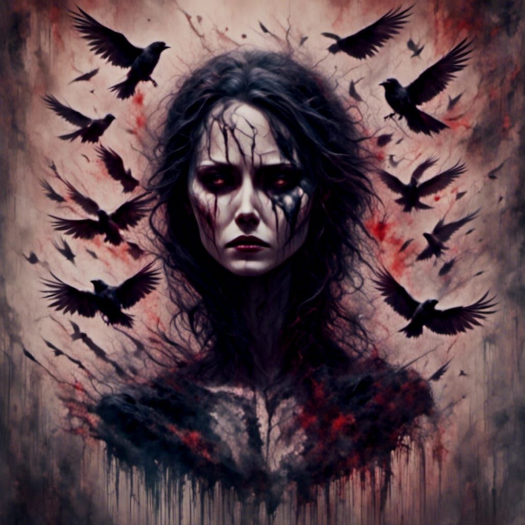 Dark Fantasy Female Crow in Hyperrealism Style