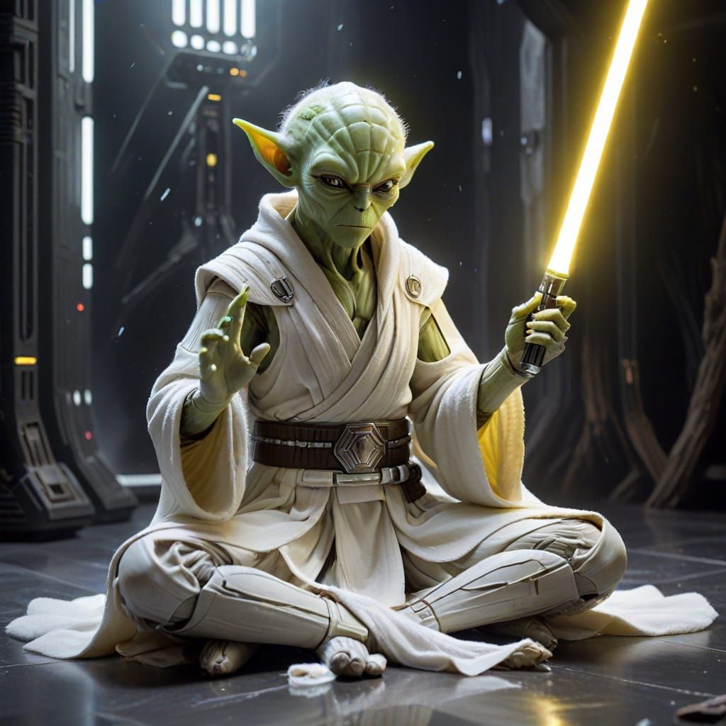 Alien Jedi in Serene Meditation with Light Saber