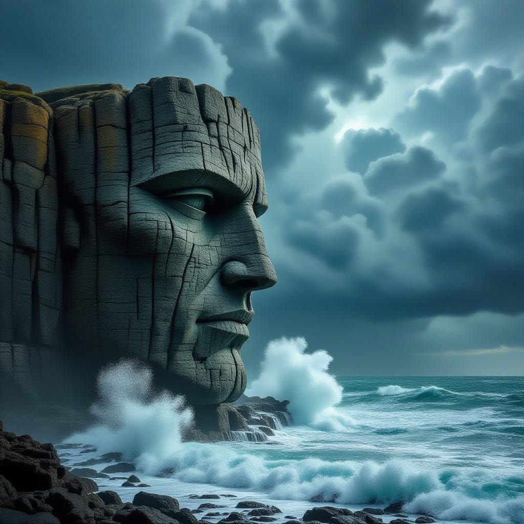 Rocky Cliff Face Overlooks Stormy Sea in Precisionist Style