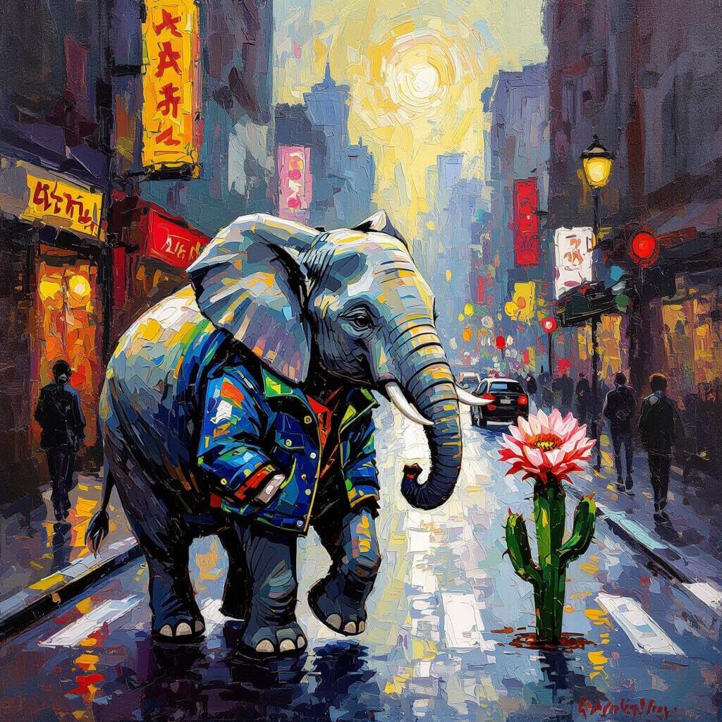 Elephant in Street Art Jacket Navigates City in Impasto Styl...