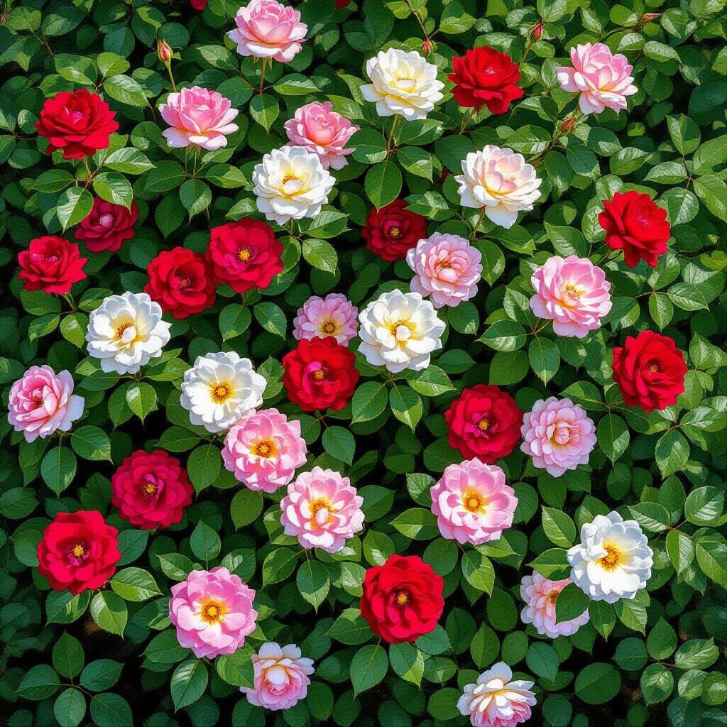 Top-Down View of Lush Rose Garden in Impressionist Style