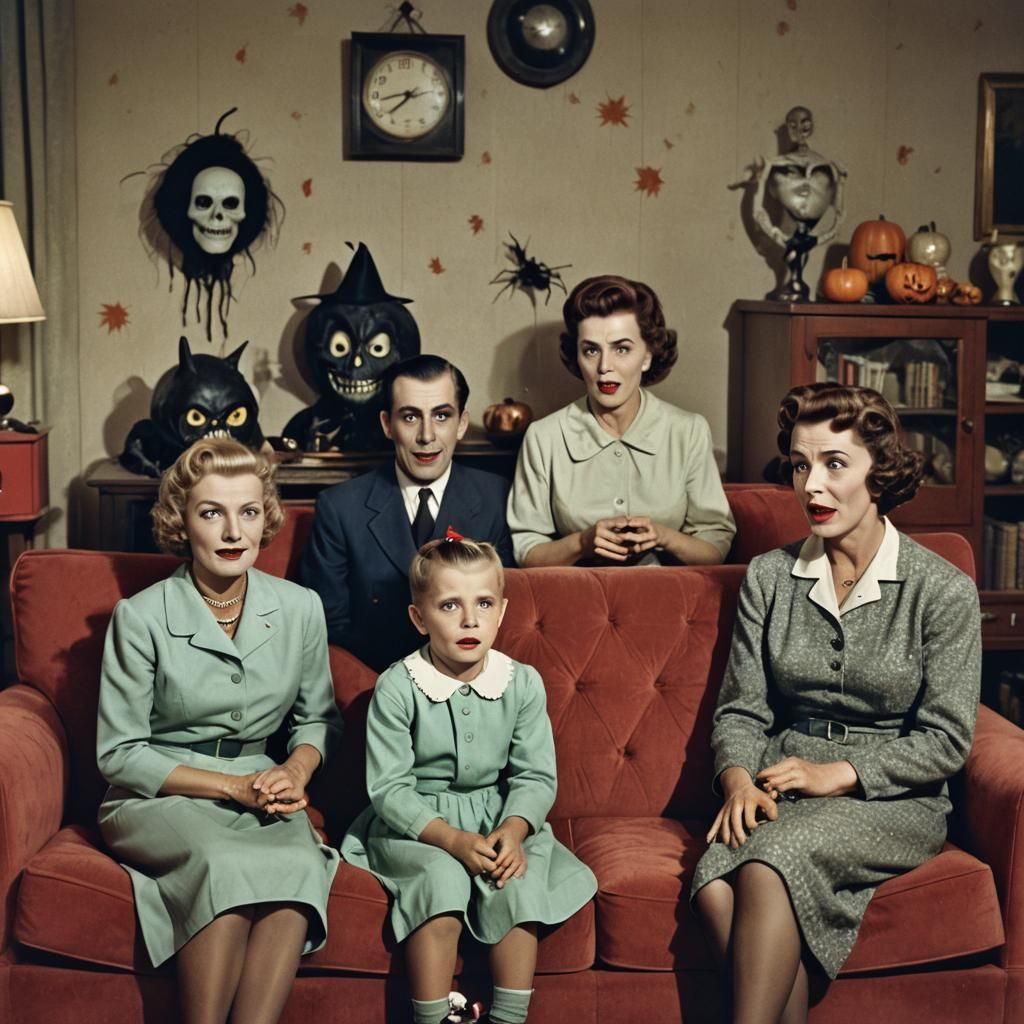 Scary Family Celebrates Halloween in 1950s Living Room