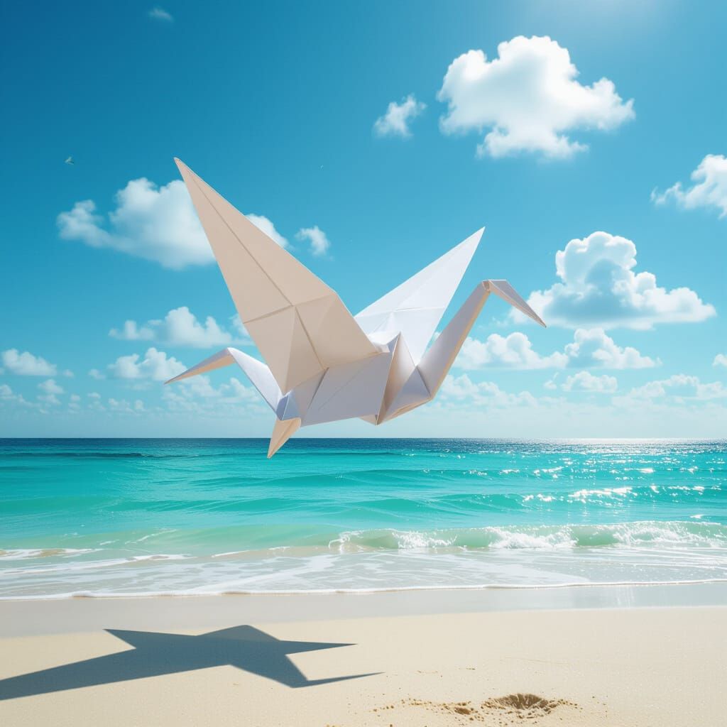 Origami Crane Over Ocean on Clear Day