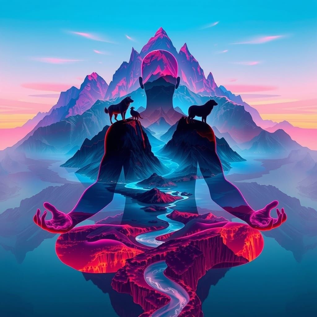 Meditative Mountain Human in Double Exposure Style