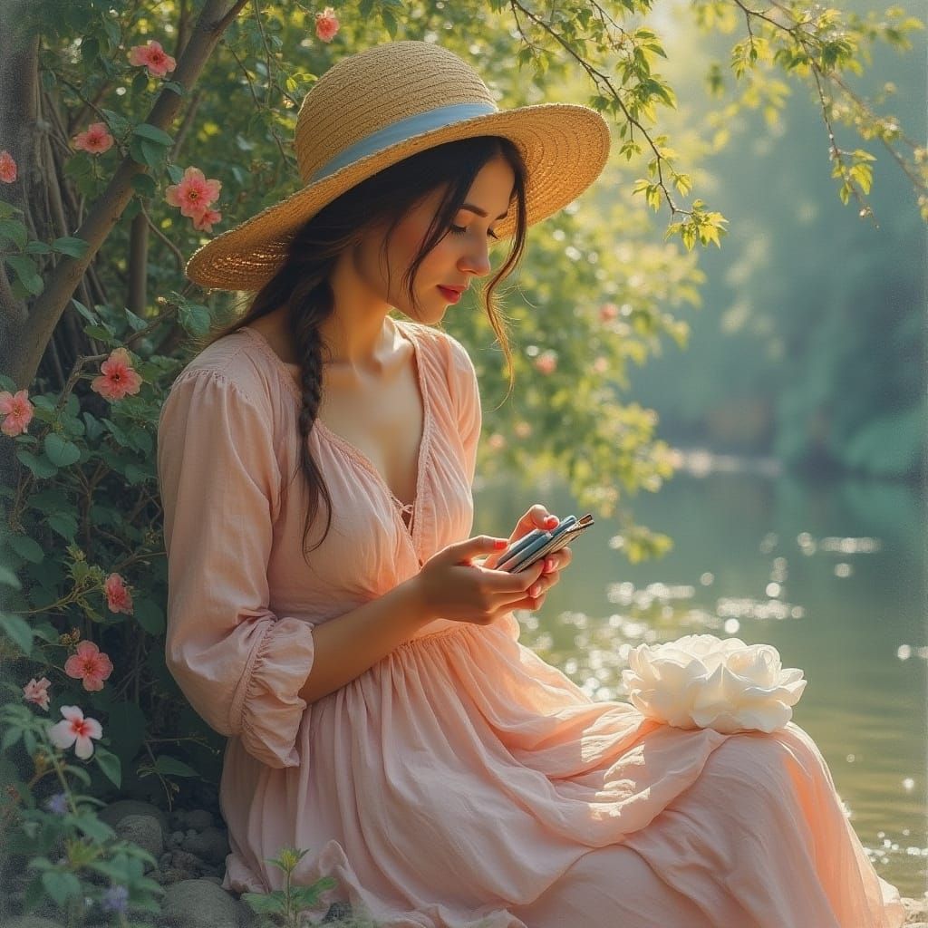 Empresyonist Painting of a Young Girl in Spring Garden