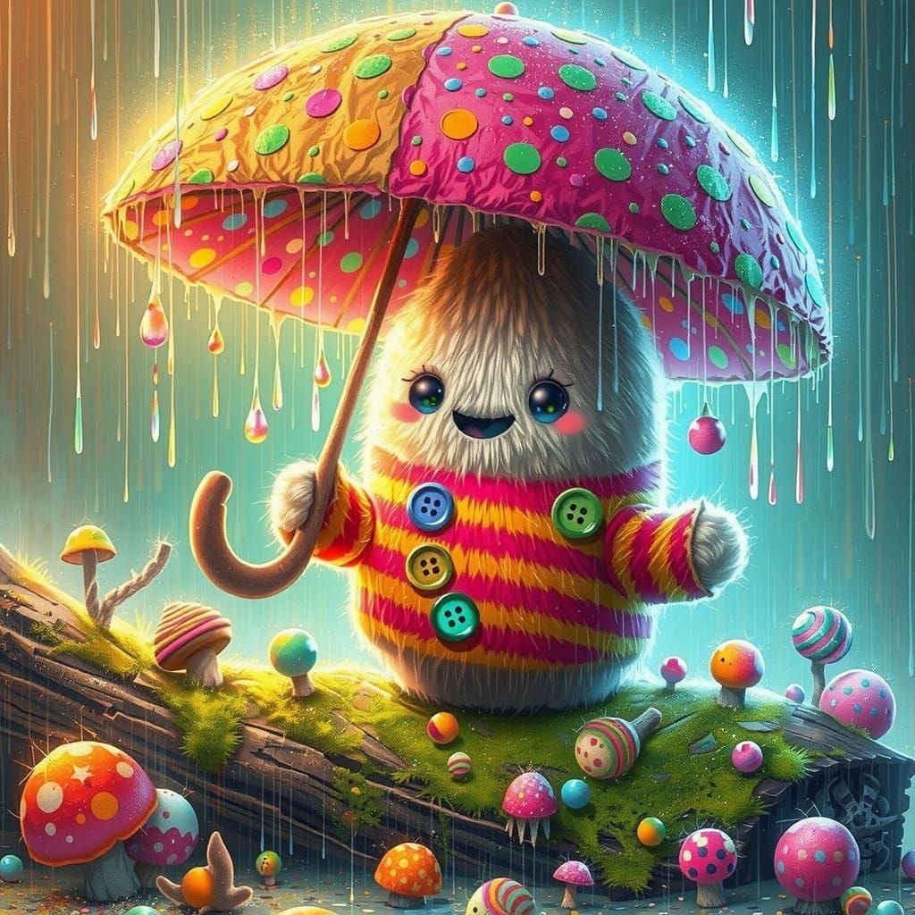 Mushroom Spirit in Grunge Landscape with Candy Art Style