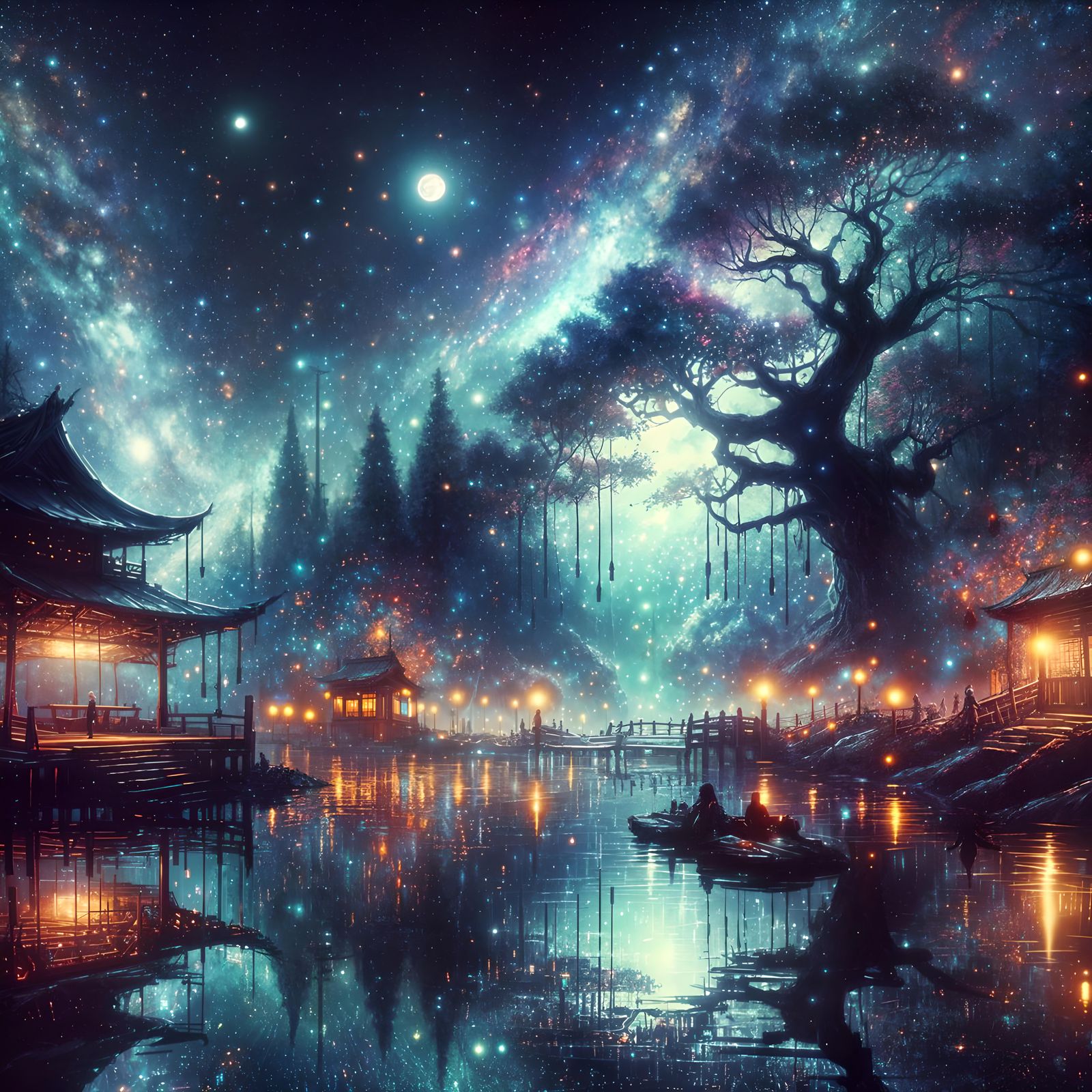 Ethereal Night Scene in Japanese Woodblock Print Style